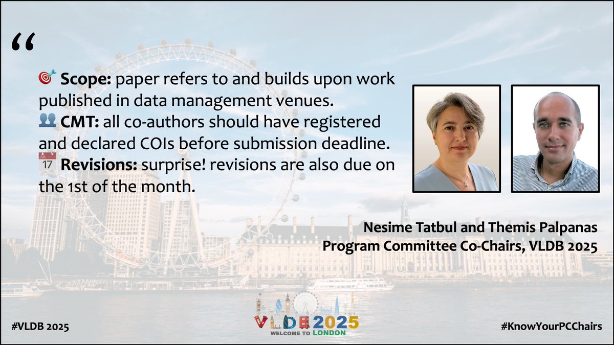 VLDB 2025 🇬🇧 (@vldbconf) on Twitter photo 🚀Ready to submit your next great idea to PVLDB 2025? Pay attention to these guidelines from the PC co-chairs <a href="/tatbul/">Nesime Tatbul</a> and <a href="/diip_upc/">Data Intelligence Institute of Paris</a>. More details here: vldb.org/pvldb/volumes/…. We are looking forward to your submissions! 💡🎉 #VLDB2025 🚀Ready to submit your next great idea to PVLDB 2025? Pay attention to these guidelines from the PC co-chairs <a href="/tatbul/">Nesime Tatbul</a> and <a href="/diip_upc/">Data Intelligence Institute of Paris</a>. More details here: vldb.org/pvldb/volumes/…. We are looking forward to your submissions! 💡🎉 #VLDB2025