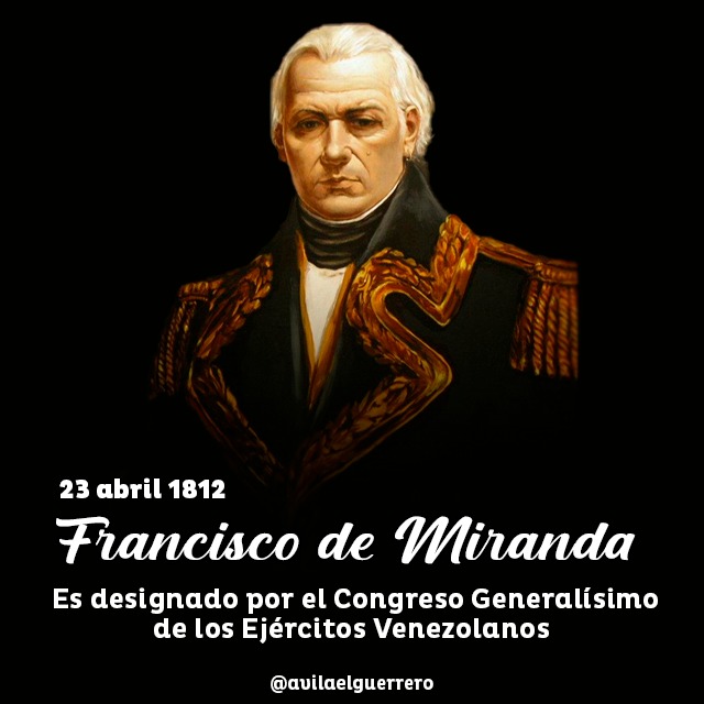 Un 23 de abril de 1812, el Congreso Venezolano designó a Sebastián Francisco de Miranda y Rodríguez como Generalísimo de Venezuela, por su valor y fuerza reflejada en la historia de lucha por la independencia americana. ¡Viva Miranda! #VenezuelaEsDDHH