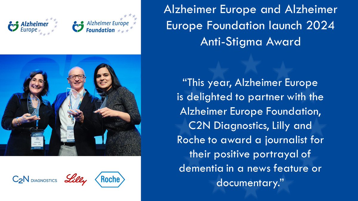 For this year's #AEAntiStigmaAward we are delighted to partner with the Alzheimer Europe Foundation @C2NDiagnostics @LillyPadEU and @Roche to award a journalist for their positive portrayal of dementia in a news feature or documentary. Apply by 15 June! bit.ly/AEAntiStigmaAw…