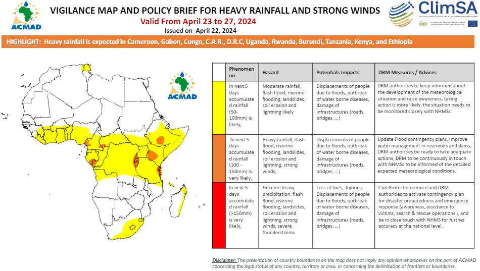 ℹ️5-Days #Heavyrainfall forecast (Apr 23-27,2024)
⛈️Heavy rainfall(100-150mm) is expected in #Cameroon, #Gabon, #Congo, #CAR, #DRC, #Uganda, #Rwanda, #Burundi, #Tanzania, #Kenya, and #Ethiopia
Details➡️bit.ly/46mLXuV
#Rainfallforecast #Africa #earlywarningforall