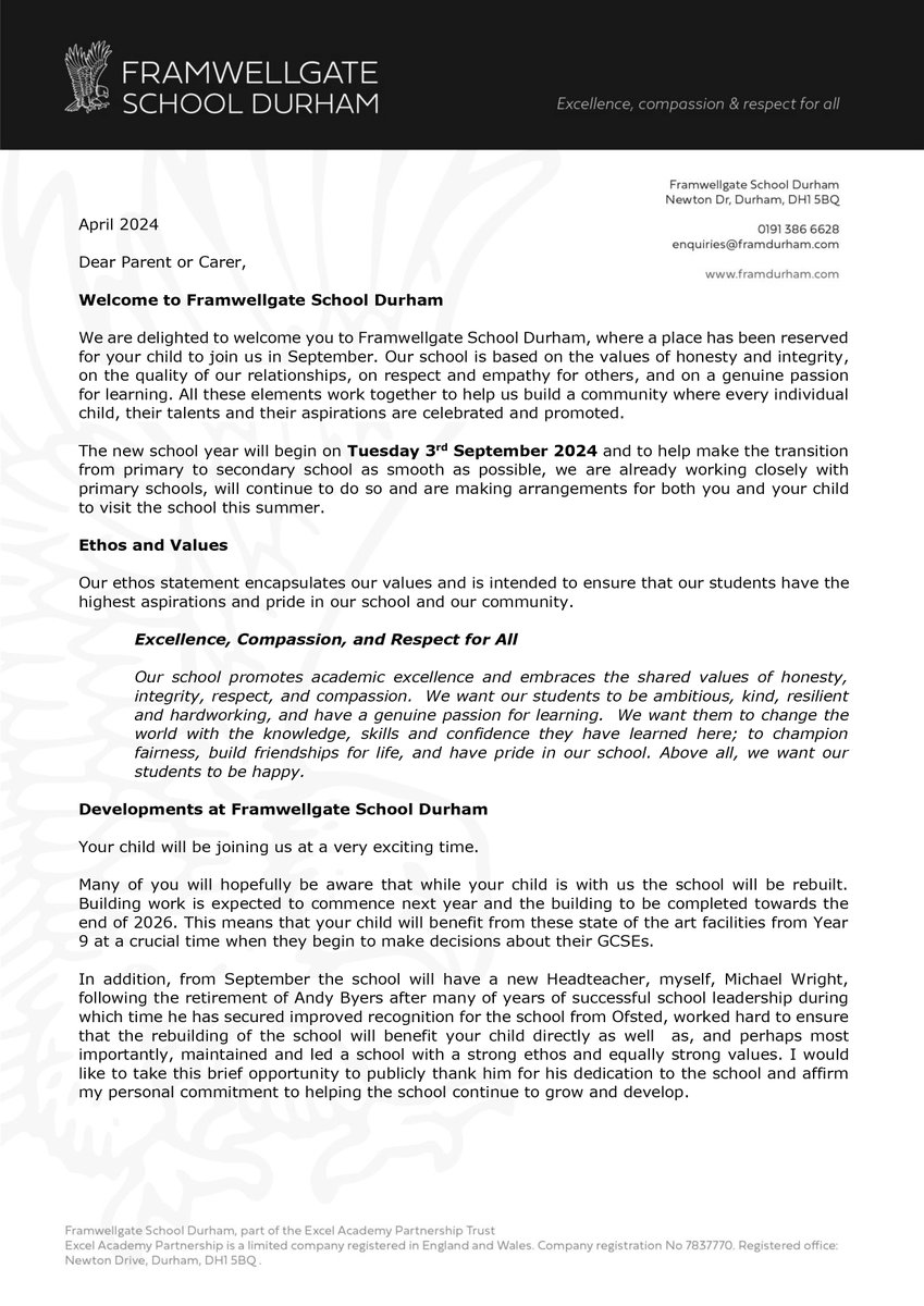 For the attention of all Year 6 parents and carers who have accepted a place in our school from September. Look out for an email from the school with key information regarding the transition process in a letter from our new Headteacher Michael Wright.