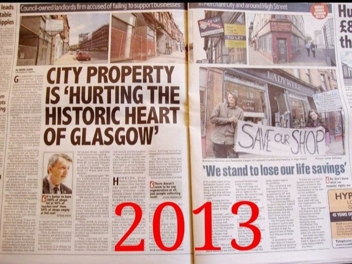 @lawstrath @UniStrathclyde @RichardMoorhead 

14yr #GCCHIGHSTCRISIS on Strathclyde Uni's doorstep 

Small businesses mistreated by Glasgow Council landlord @Citypropertyllp who evict them for #whistleblowing on CP neglect of CommonGood shop units on High Street, GlasgowsOldestSt 
@WB_UK
#PostOfficeScandal
