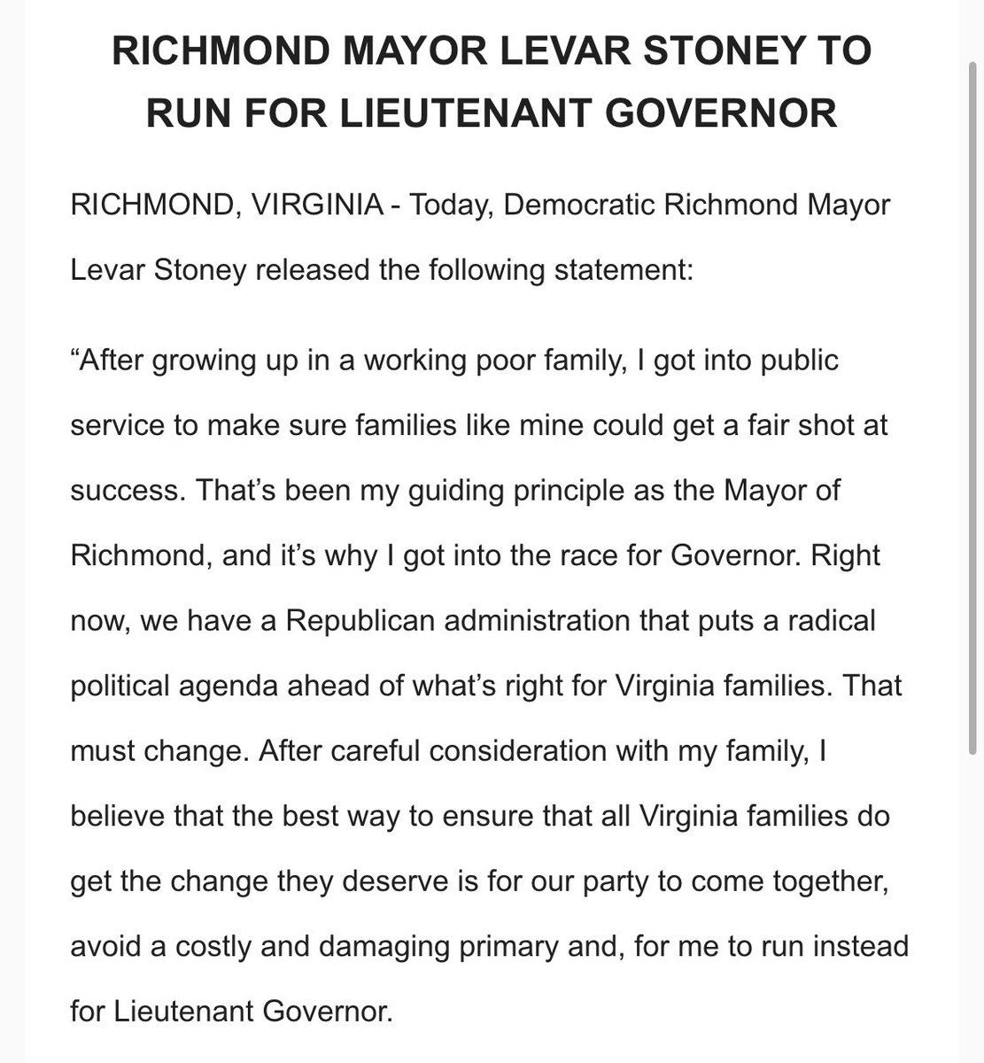 #breaking Richmond Mayor Levar Stoney drops out of Virginia governor’s race, handing the Democratic nomination to Rep. Abigail Spanberger.

Stoney says he’ll run for lieutenant governor instead

#VAGov