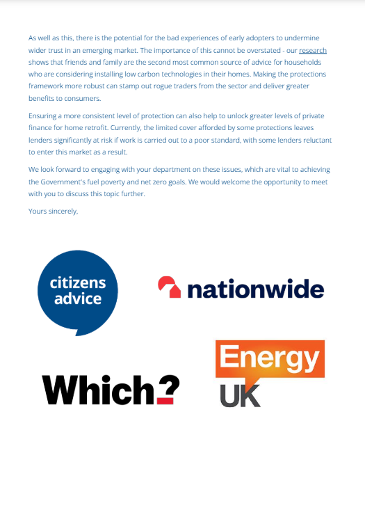 CAenergypolicy's tweet photo. Today @CitizensAdvice has come together with organisations representing consumer, energy and financial institutions to call on the Secretary of State for Energy Security and Net Zero @ClaireCoutinho to urgently review protections for consumers making green upgrades to their homes https://t.co/6qWdOeyo3S