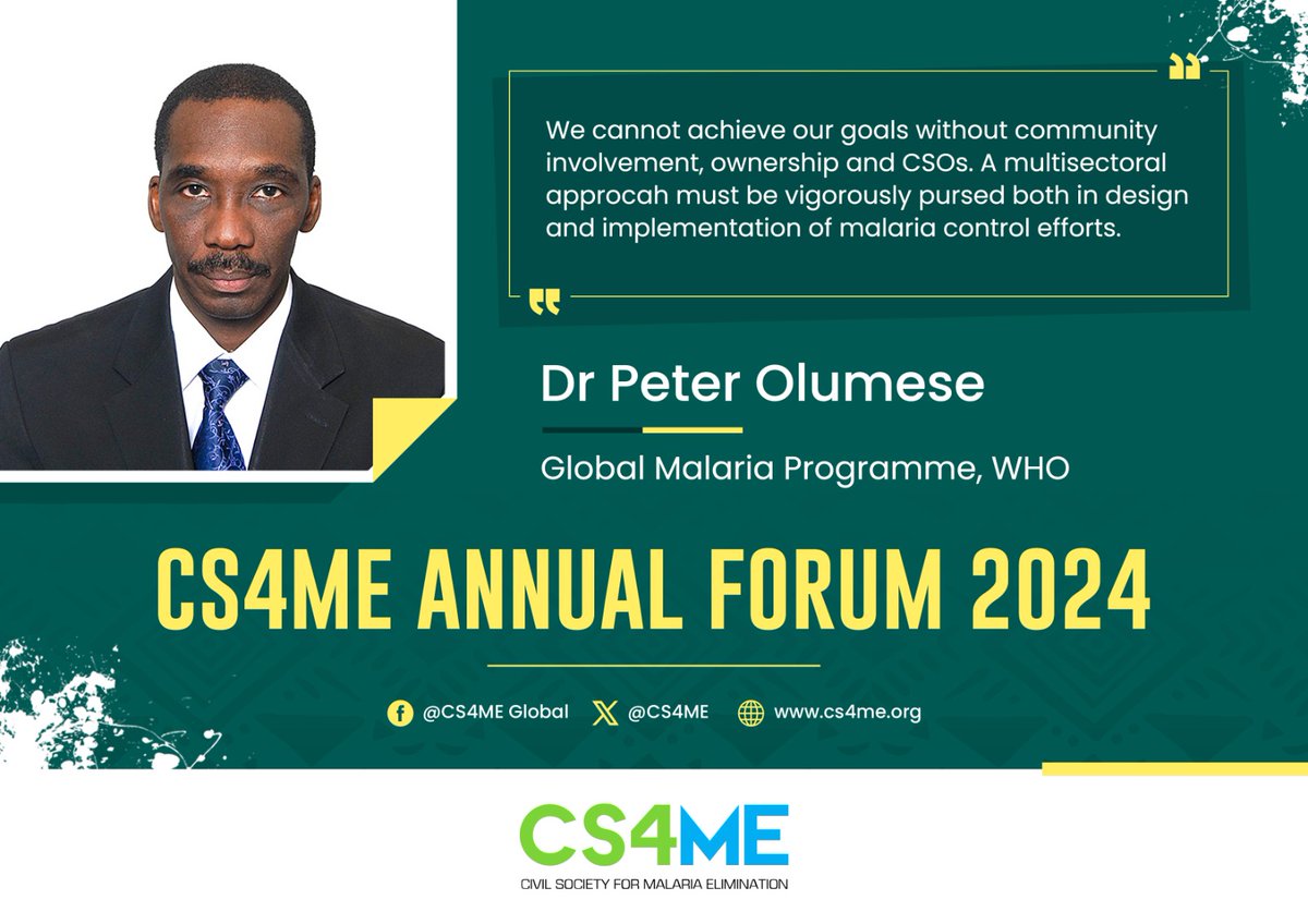 Presentations, panel discussions & more! The #CS4ME Annual Forum tackles critical issues to accelerate the fight against malaria for a more equitable world. Read here a message from @PeterOlumese from @WHO Global Malaria Programme. #EndMalaria #WorldMalariaDay2024