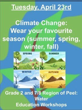 Today @DPCDSB_BFA is wear your favourite season attire. We will be learning about climate change and welcoming @regionofpeel for the grade 2 and 7/8 Water Education Workshops. Small actions BIG IMPACT🌎💧@DP_EcoSchools @EarthDay @EcoSchoolsCAN