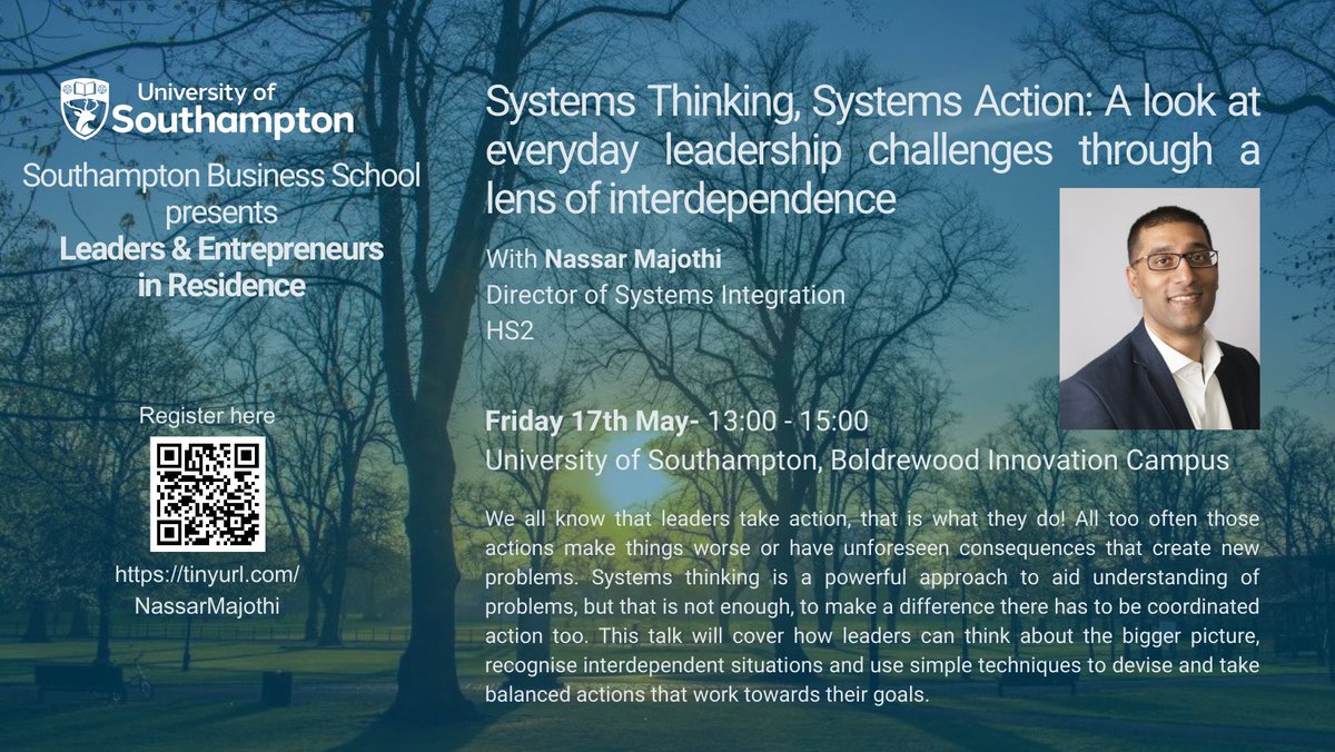 Join us for the next event of our prestigious Leaders and Entrepreneurs in Residence (LEiRs) Programme, on Friday 17th May!  For more details, or to register, please scan the QR code below, or visit tinyurl.com/NassarMajothi👇