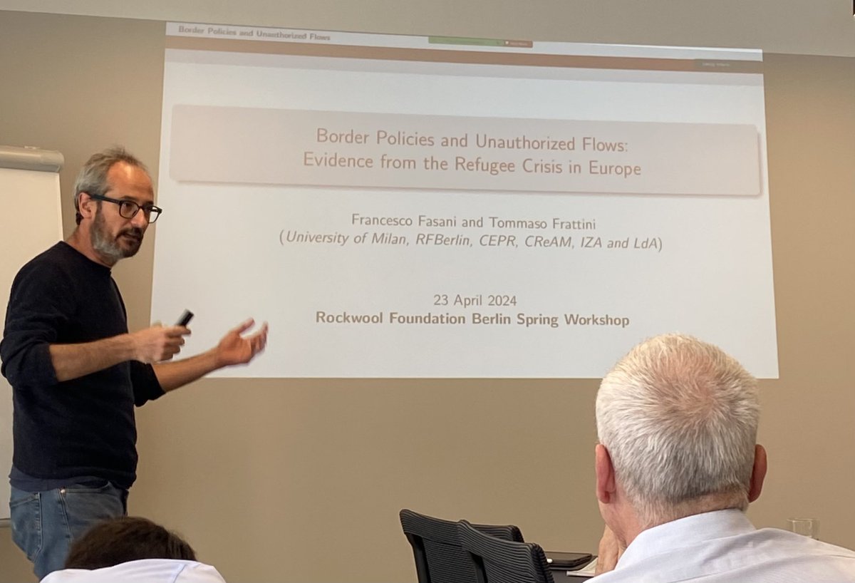 GMIH Deputy Director @tomfratti is now presenting joint work with Research Associate @fasani_f on “Border Policies and Unauthorized Flows: Evidence from the Refugee Crisis in Europe”.