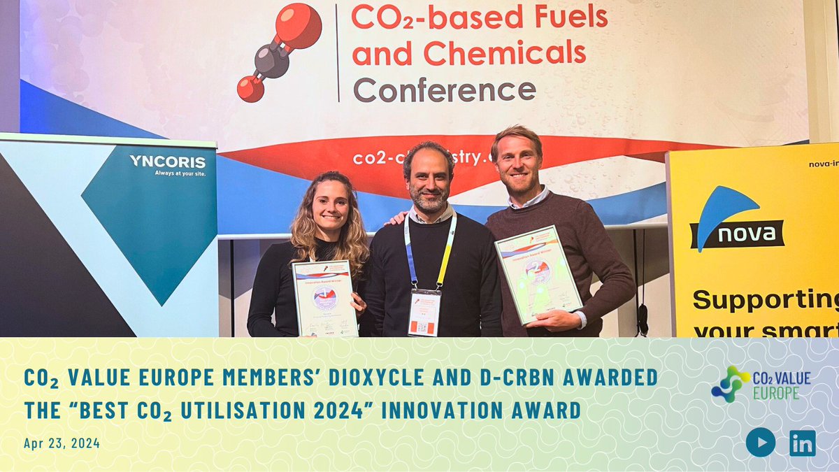The “Best #CO2Utilisation 2024” award winners have been announced at the #CO2-based Fuels & Chemicals Conference! Congratulations to our members 🥇@dioxycle & 🥈@d_crbn, and to 🥉@twelve_co2 for their solutions paving the way to a fossil-free future! PR: bit.ly/4ddqrfB.