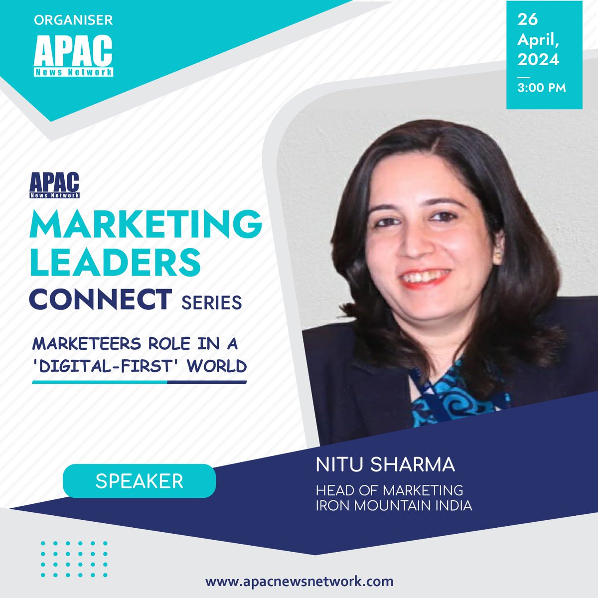 We’re excited! Nitu Sharma, Head of Marketing, @IronMountain India will be joining us as a ' Speaker' at the 'APAC Marketing Leaders Connect Series' on 26th April, 2024. #APACMarketing #Marketing #MarketinTrends #DigitalMarketing #CMO