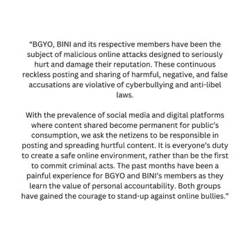 ABSCBNNews's tweet photo. READ: Star Magic issues a statement about the recent online attacks against P-pop acts BINI and BGYO, noting that they will "take legal action against these emboldened bashers who circulate unfounded rumors." | via @josiahvantonio  
https://t.co/fiZahwkuCC