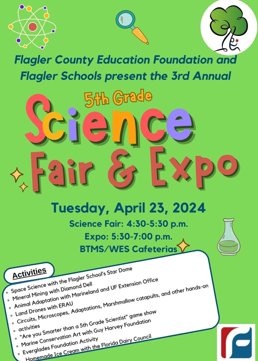 Tonight is the night! Come to WES/BTMS cafeterias to see the top 50 5th Grade Science Projects from 4:30-5:30 and stay for the amazing Science Expo from 5:30-7:00. We have over 20 hands-on activities for our 5th grade students and families! <a href="/FlaglerSchools/">FlaglerSchools</a> <a href="/FlaglerEdFound/">@FlaglerEdFound</a>