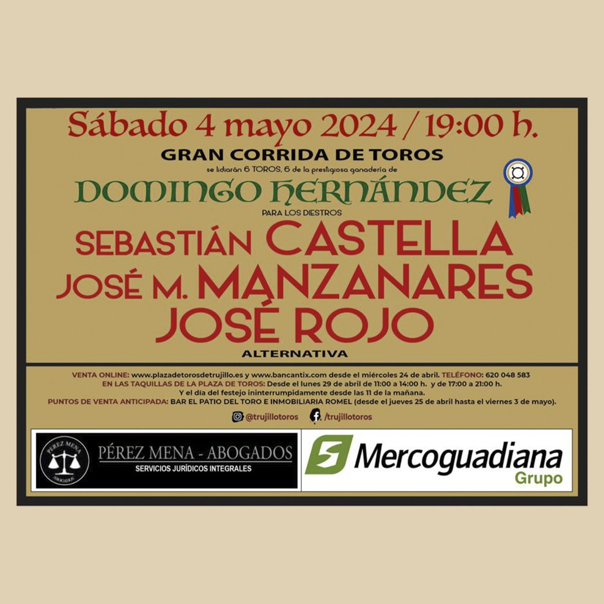 funtausa's tweet photo. Corrida de Trujillo 2024 | Trujillo Toros

🐂 Domingo Hernández

⚔️ Sebastián Castella
⚔️ José María Manzanares
⚔️ José Rojo (Alternativa)

Entradas a la venta online desde el 24 de abril.

🎫 https://t.co/CRmBCWXrQt https://t.co/VQWGHyINjD