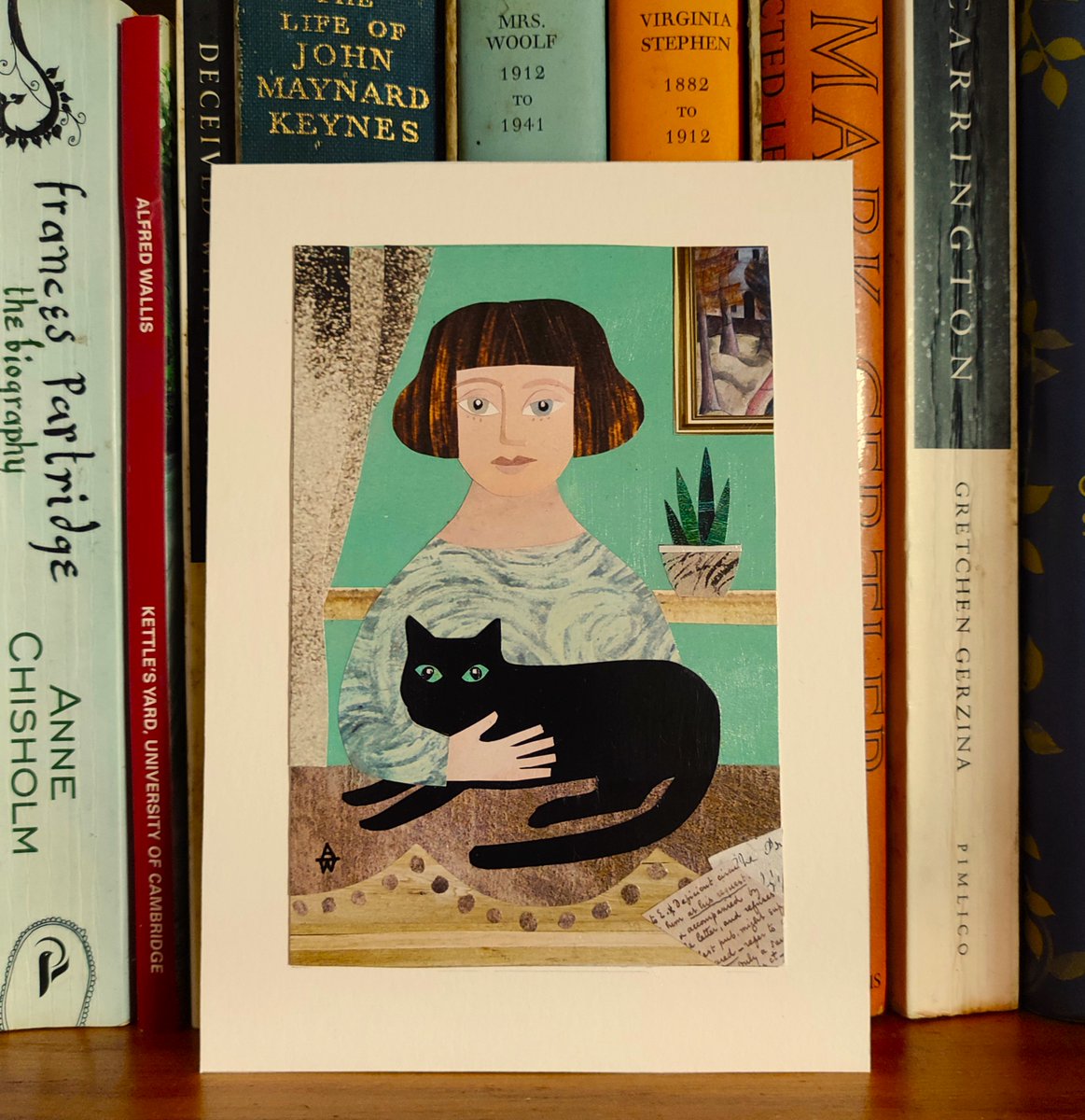 Hi #elevenseshour! New Bloomsbury Group-influnced original collage in my shop this morning. 'Charleston Visitor with Black Cat' amandawhitedesign.etsy.com #artforsale #shopindie #cutpapercollage #WorldBookDay #blackcat #affordableart