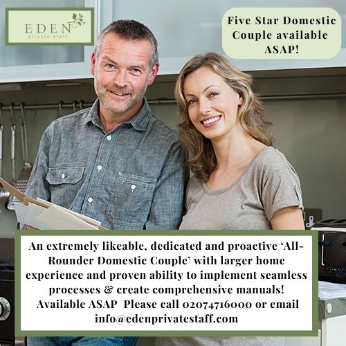 One if the best Domestic Couples available now! Don't miss out please call 02074716000 or email info@edenprivatestaff.com

edenprivatestaff.com/resume/sd-6726…
#domesticstaff #domesticcouples #householdcouples #privatestaff #familyoffices #caretakercouple #guardiancouple