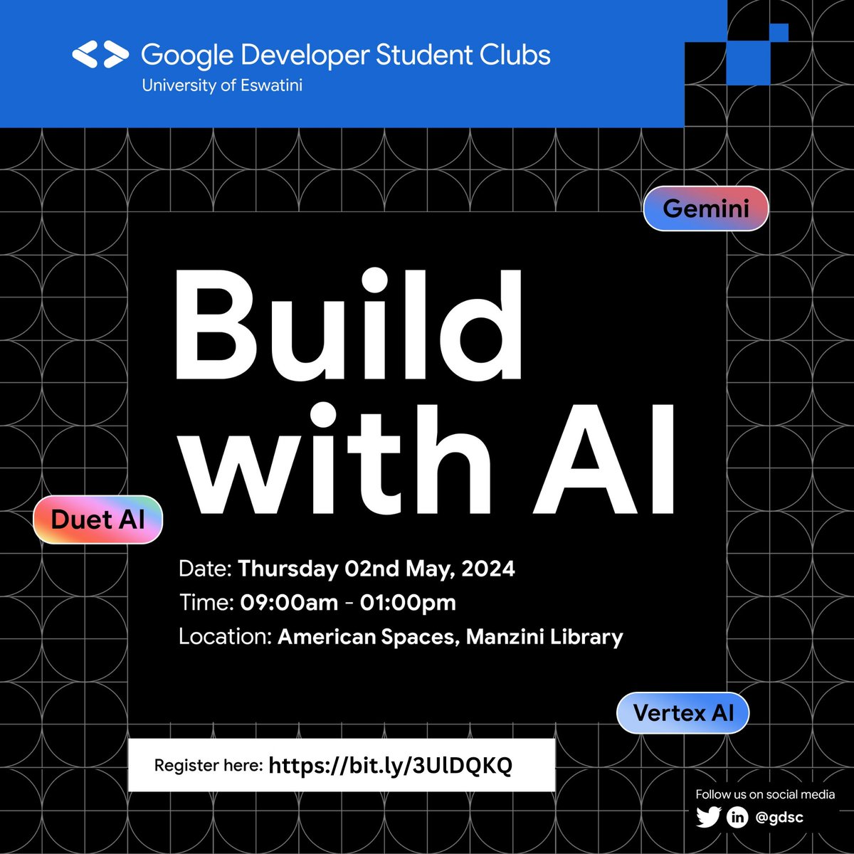 GDSCUNESWA's tweet photo. Don't miss out❗❗ *RVSP NOW*. We'll be learning about;

-Gemini AI🤖
-Machine Learning and Language Models📜
-Training AI with your own data🤼
- Building a AI ChatBot🤖

RSVP using this link and save your seat: https://t.co/3e9DvxszSd

❗ Limited Space Available ❗ https://t.co/G3yWZEa1hZ