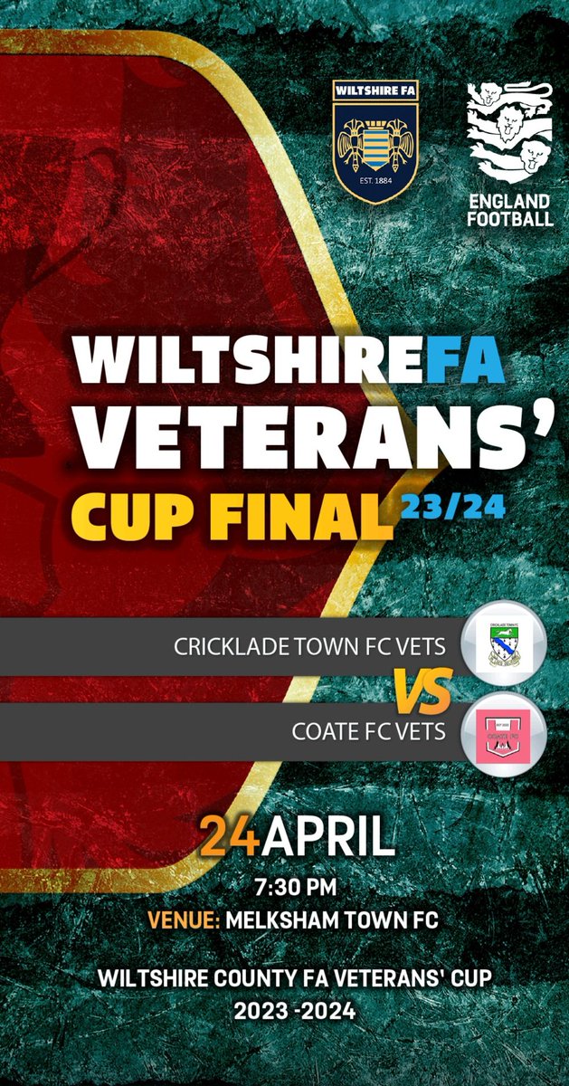 Wiltshire FA (@wiltscountyfa) on Twitter photo Tomorrow is the <a href="/PracticePlusGrp/">Practice Plus Group</a> Veterans' Cup Final!
🏆 Join us to watch <a href="/Cricklade_Town/">Cricklade Town F.C</a> Vets vs <a href="/CoateFcVets/">Nationwide Vets (Coate)</a>.
📅 24 April
⏰️ 19:30 KO
🏟 <a href="/MELKSHAMTOWNFC/">Melksham Town FC</a>
🎫 £5 - Adults | £3 - Concessions | Free - U16
wiltshirefa.com/cups
#WiltshireFACups Tomorrow is the <a href="/PracticePlusGrp/">Practice Plus Group</a> Veterans' Cup Final!
🏆 Join us to watch <a href="/Cricklade_Town/">Cricklade Town F.C</a> Vets vs <a href="/CoateFcVets/">Nationwide Vets (Coate)</a>.
📅 24 April
⏰️ 19:30 KO
🏟 <a href="/MELKSHAMTOWNFC/">Melksham Town FC</a>
🎫 £5 - Adults | £3 - Concessions | Free - U16
wiltshirefa.com/cups
#WiltshireFACups