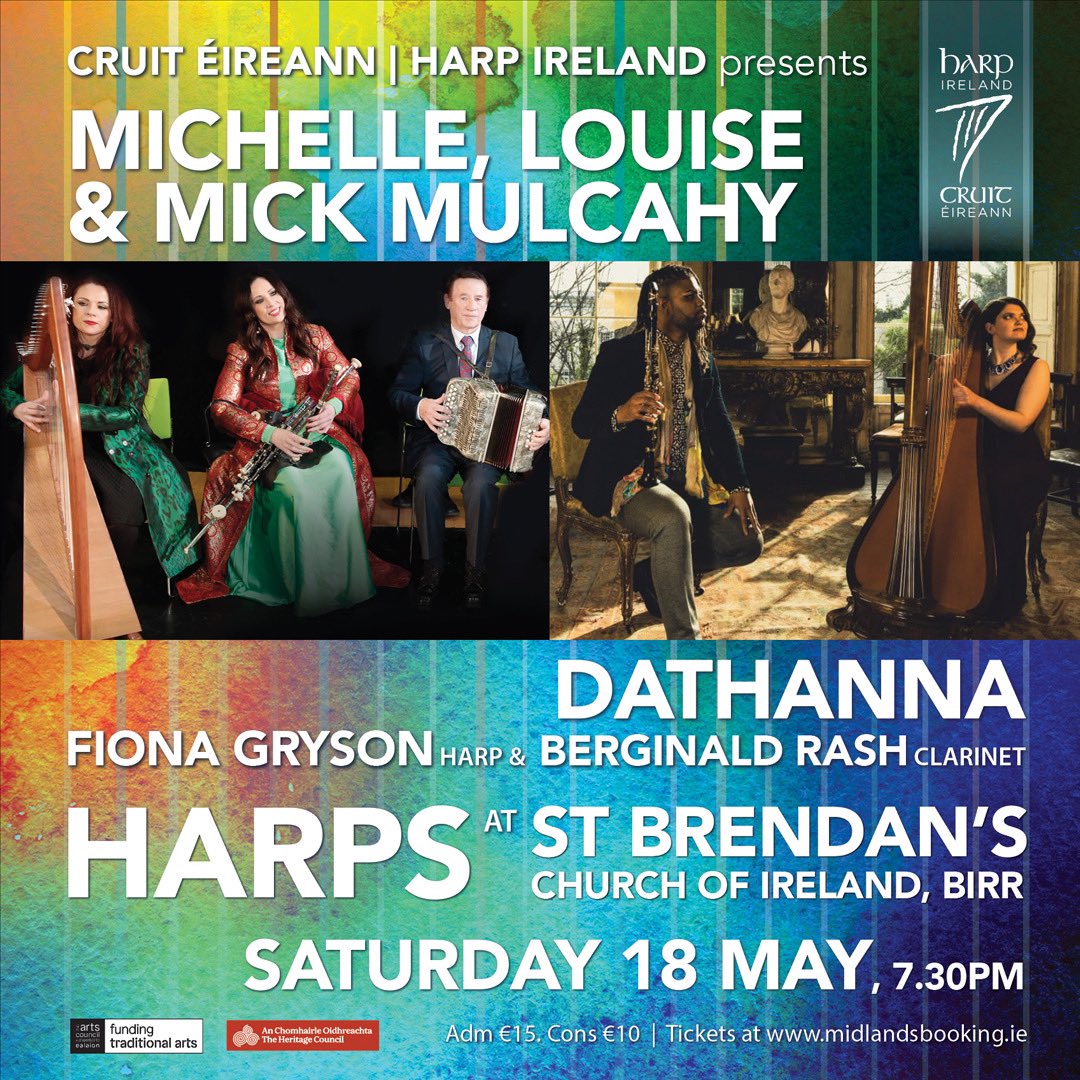 📣 Harps at St Brendan’s Church, Birr 📣 The third concert in our Harps in May series features the Mulcahy family and harp and clarinet duo Fiona Gryson and Berginald Rash 🎶 📍St Brendan’s Church of Ireland, Birr 🗓️18/05/24 🕢7.30pm 🎫 bit.ly/3Uk6OL9