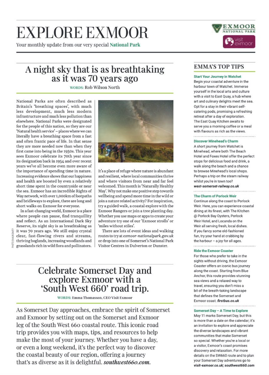 𝗧𝗵𝗲 𝗠𝗮𝘆 𝗲𝗱𝗶𝘁𝗶𝗼𝗻 𝗼𝗳 @SomersetLife is out! 👏
In our latest Exmoor column, along with @visitexmoor  we celebrate a BIG anniversary with a look back on 70 years of our National Park
@uknationalparks @somersethour @ExmoorNPCs @ExmoorFlag @ExmoorRangers