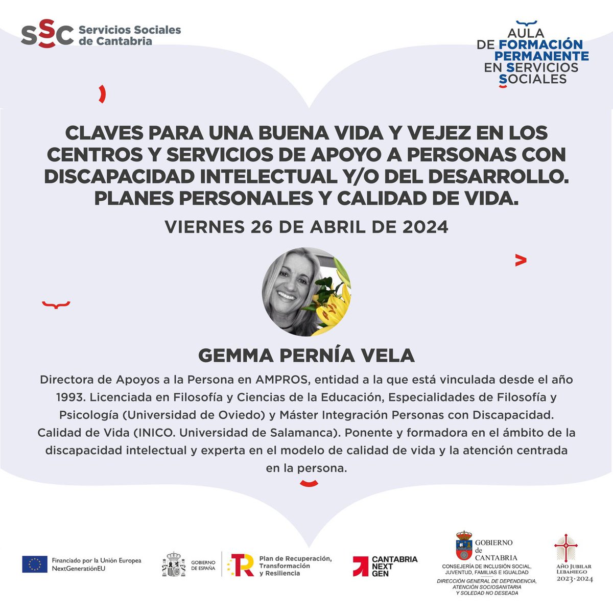 Buenos días! Este viernes 26 de abril nueva sesión del <a href="/AulaServicios/">Aula de Formación Permanente Servicios Sociales</a> con Gemma Pernía Vela para analizar las claves para una buena vida y vejez en los centros y servicios de apoyo a la personas con discapacidad intelectual y/o del desarrollo

#serviciossociales
#cantabria