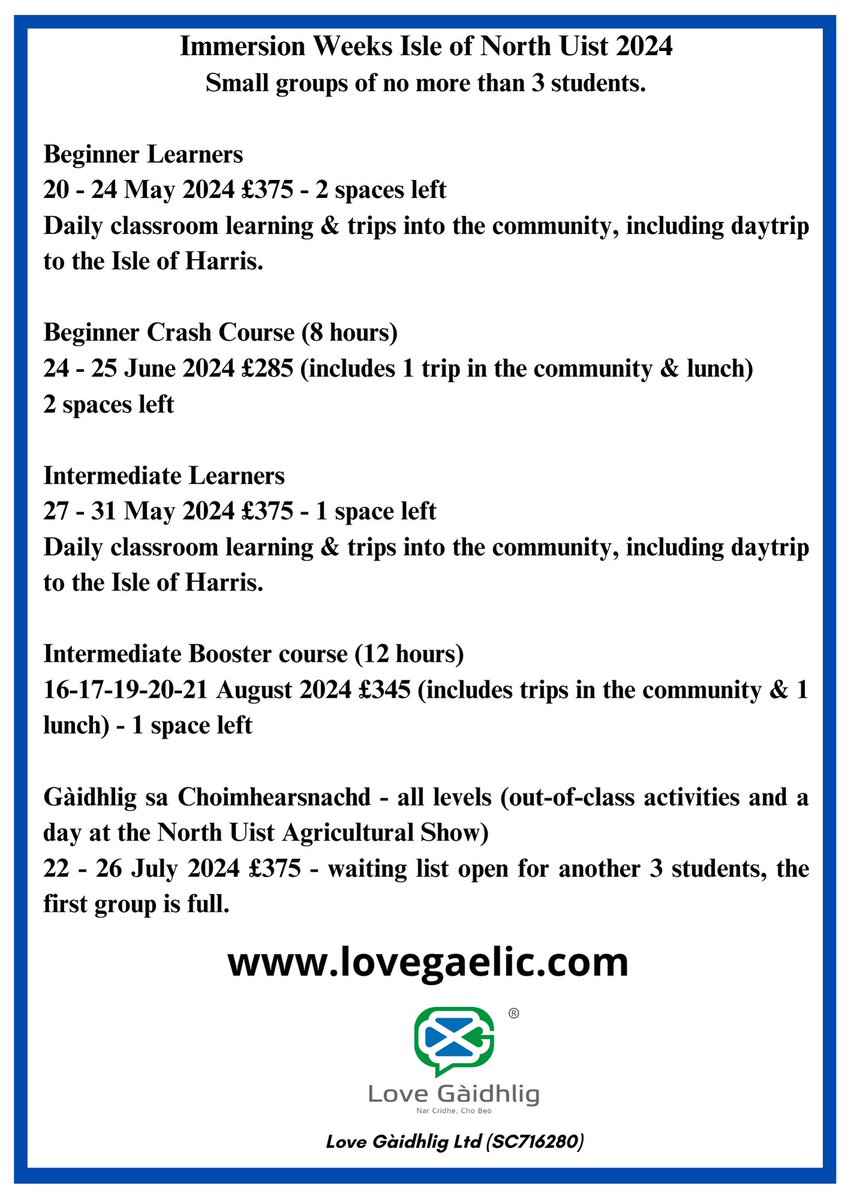 We still have a few spaces available on our Gaelic island immersion courses this summer. Transport can be arranged. #Gàidhlig #lovegaelic #lovegàidhlig #learngaelic #Gaelic #Gaeliccourses #Gaelicimmersion #scottishgaelic #speakgaelic #SgoilGhaidhligInnseGall #lovegaeliclifestyle