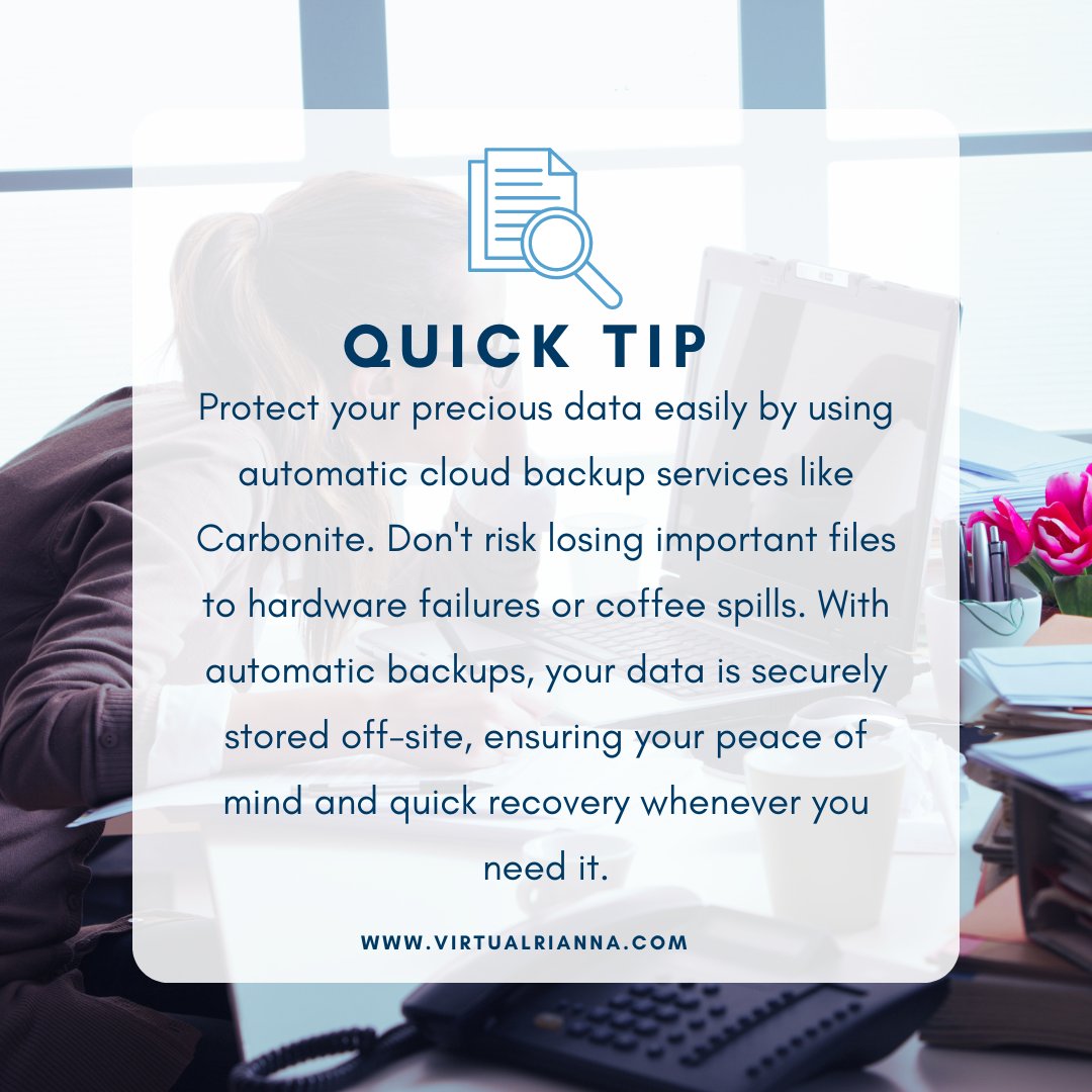 Business owners, listen up! 📢  Don't let data disasters destroy your hardwork.   With Carbonite automatic cloud backup, safeguarding all your files is easy.    No more data loss , only peace of mind. 💼☁️ 
.
 #SmallBusiness #DataSecurity #CarboniteBackup #virtualassistant