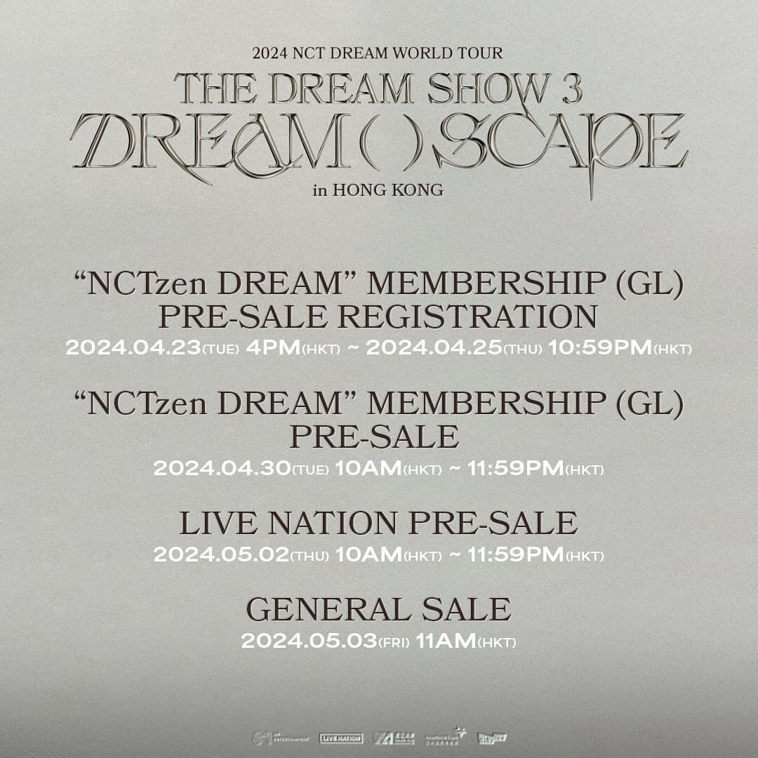 韓星來港➟ NCT DREAM 香港站 資訊更新 2024 NCT DREAM WORLD TOUR <THE DREAM SHOW 3 : DREAM( )SCAPE> in HONG KONG 演出日期及時間： 2024.06.15 (Sat) 8PM 2024.06.16 (Sun) 6PM 演出地點：亞洲國際博覽館-Arena⁠ 🎫HK$2099 VIP / 1699 (企位 Standing)⁠ 🎫HK$1699 / 1299 / 999 / 799 (坐位