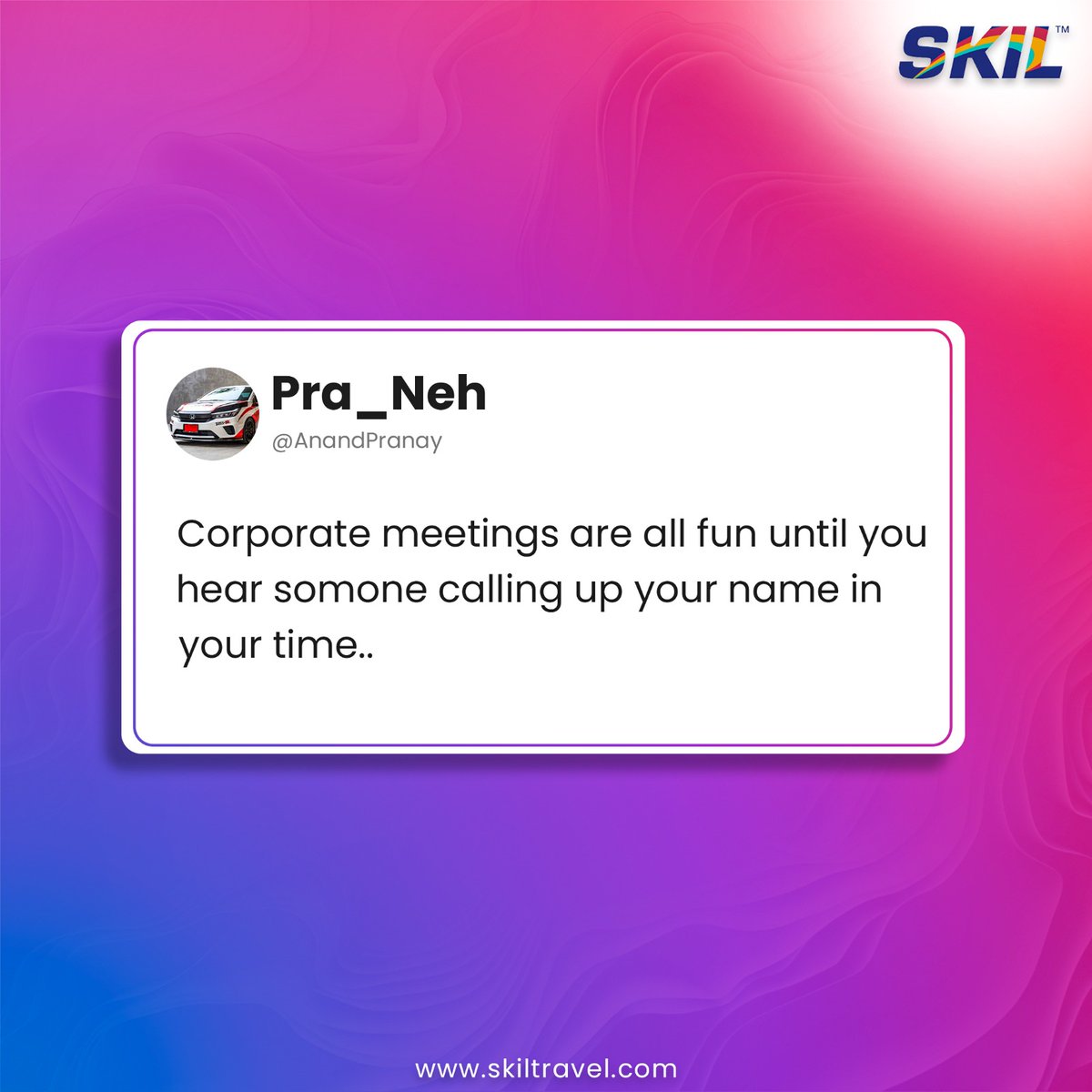 Corporate meetings: a delightful blend of free coffee, strategic brainstorming, and the constant fear of being called on when you haven't been paying attention.  ☕️
#SKIL #SKILTravel #corporatetravel #meme #officememe #OfficeHumor #WorkHumor #CorporateLife #Relatable  #Funny