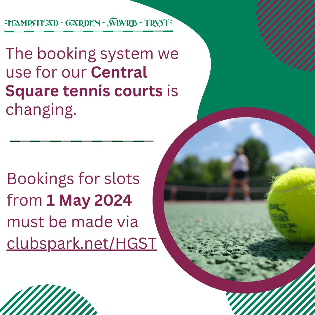 From tomorrow, you'll be able to book via clubspark.net/HGST for our Central Square tennis courts, for slots starting from 1 May onwards. 

You can continue to use Reservio for bookings for slots up till the end of 30 April: …tead-garden-suburb-trust.reservio.com