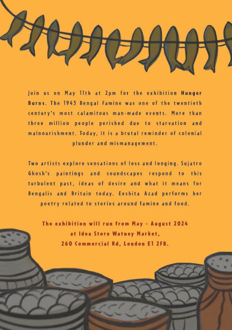 Sona Datta (@datta_sona) on Twitter photo So proud to share the opening of our exhibition HUNGER BURNS May 11 <a href="/ideastores/">Idea Store</a> Watney Market on the #1943BengalFamine to remember what was lost through stories, poetry and painting as the whole library becomes a letter. All warmly welcome! <a href="/kavpuri/">Kavita Puri</a> <a href="/DGALitAgents/">DGA</a> #threemillion So proud to share the opening of our exhibition HUNGER BURNS May 11 <a href="/ideastores/">Idea Store</a> Watney Market on the #1943BengalFamine to remember what was lost through stories, poetry and painting as the whole library becomes a letter. All warmly welcome! <a href="/kavpuri/">Kavita Puri</a> <a href="/DGALitAgents/">DGA</a> #threemillion