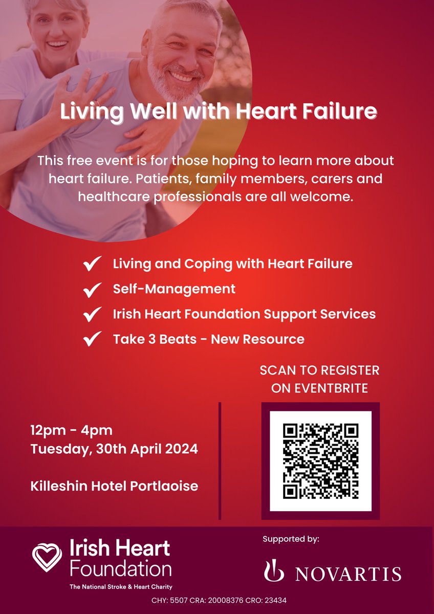 The Irish Heart Foundation is holding an in-person event on heart failure in the Killeshin Hotel in Portlaoise on Tuesday, 30th April from 12pm – 4pm. If you would like to attend, register here: eventbrite.ie/e/living-well-…
