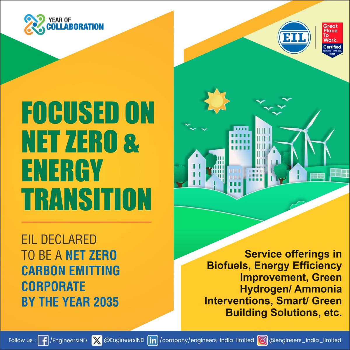 As a responsible corporate citizen, EIL declared to become a net zero carbon emitter by the year 2035. Owing to its vast experience of executing legacy projects in the energy sector, EIL is well placed to address the emerging needs of assessing GHG emissions for industries and