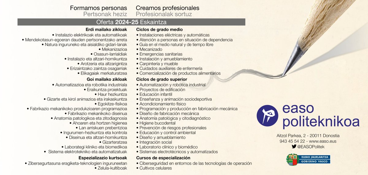 Maiatzak 6-24 Mayo ➡ Aurrematrikula / Prematrícula 24-25 easo.eus Info + online + hitzordua/cita: easo.hezkuntza.net/eu/convocatori…