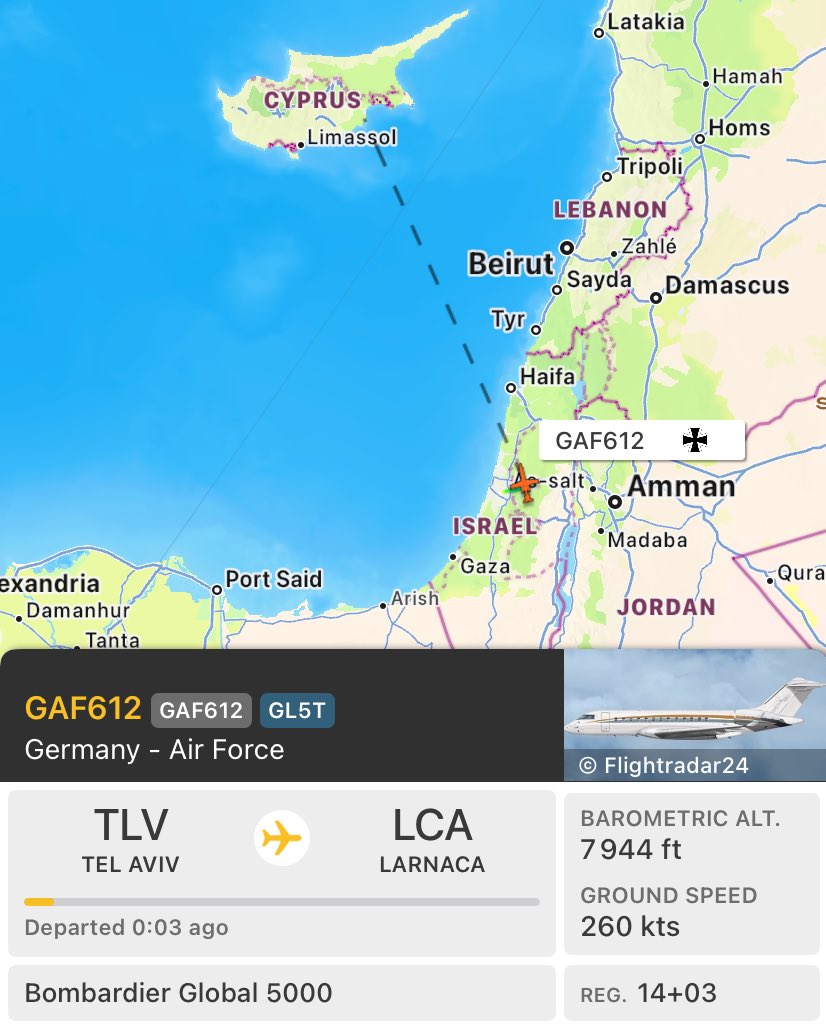 🇩🇪 🇮🇱 German military support for Israel continues.

🛩️ This German Air Force Bombardier Global 5000 Jet (reg. 14+03) is doing daily trips between Berlin, Tel Aviv & Larnaca. 

Used to transport German Ministry of Defense & top military officials.