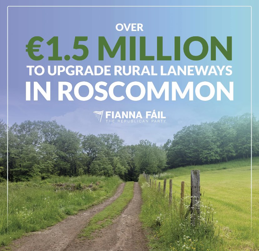 A record €40m allocation to upgrade rural laneways: ✅ To improve access to homes & farms in rural areas ✅ Highest ever allocation for the Local Improvement Scheme ✅ Ring-fenced funding for roads on offshore islands ✅ Only 1 herd number now required for a valid application