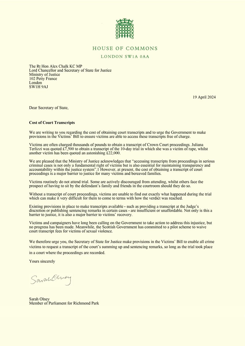 We are so proud to have @sarahjolney1 stand with us today and everyday to support #VictimsRights.

This letter to @AlexChalkChelt asks that @MoJGovUK also stand with victims and begin to truly create #OpenJusticeForAll