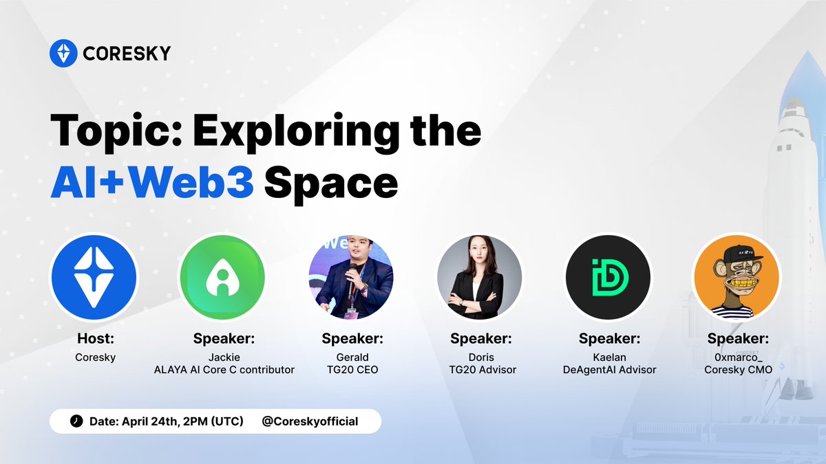 🔎 Explore the AI+Web3 Space with us together! 📅 Date: April 24th 🕙 Time: 2:00 PM (UTC) ✅ Space link: twitter.com/i/spaces/1BdGY… 🫂 Guests: Alaya_AI @Alaya_AI TG20 @TG20_official @CANWANG777888  Deagent AI @Deagent_AI Coresky @0xmarco_