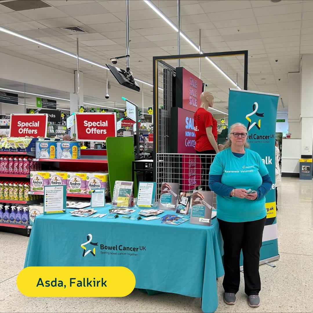 #OneThing we're doing this #BowelCancerAwarenessMonth is talking to the general public about #BowelCancer. Today we're visiting @asda's Falkirk store with our wonderful volunteers. Come along, say hi and learn more about the disease.