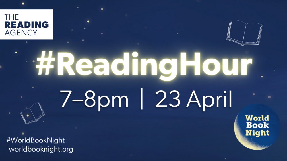7-8pm on 23 April is @readingagency’s #ReadingHour, to celebrate @WorldBookNight. It’s an hour to take a break, focus on yourself and escape into a book, magazine, comic book, or anything else! We can all use a break now and then. What are you going to read?📚 #WorldBookNight
