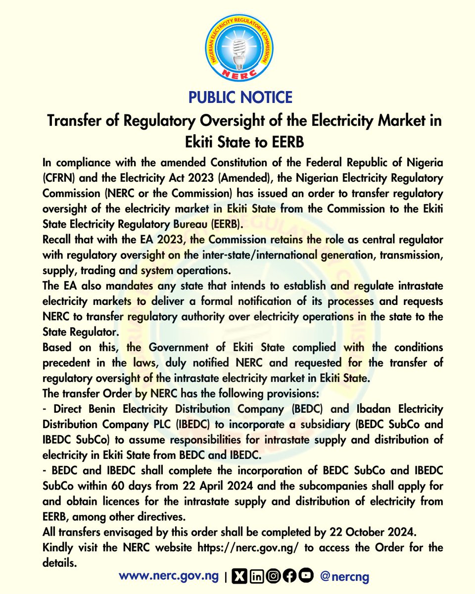 Transfer of Regulatory Oversight of the Electricity Market in Ekiti State to EERB In compliance with the amended Constitution of the Federal Republic of Nigeria (CFRN) and the Electricity Act 2023 (Amended), the Nigerian Electricity Regulatory Commission (NERC or the Commission)…