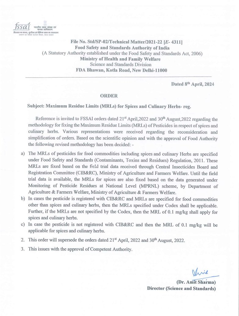 Your food controller allowed more pesticides in your spices Food Safety and Standards Authority of India (FSSAI) is under fire for raising the limit of pesticides in spices and culinary herbs. FSSAI issued orders on increasing pesticide levels in spices. Professor D. Narasimha