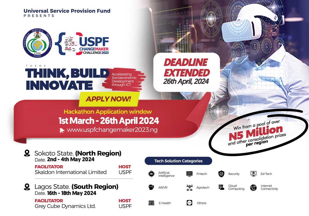 Last chance to apply! The USPF CHANGEMAKER CHALLENGE 2023 Application deadline has been extended till 26th April, 2024. Seize the opportunity and apply now at: https:// uspfchangemaker2023.ng @NgComCommission @FMCIDENigeria