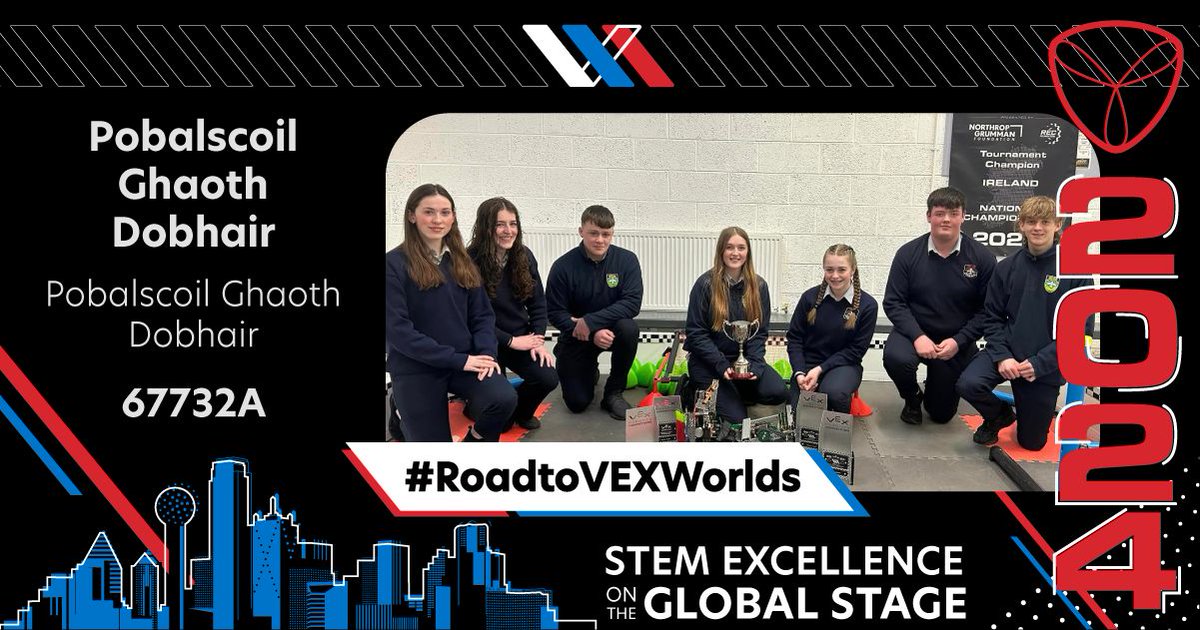 Up first today for #RoadtoVEXWorlds are Pobalscoil Ghaoth Dobhair, 67732A from @GDobhair in Letterkenny!

This team did fantastic at #VEXIrelandNationals winning Robot Skills 2nd Place, the Innovate Award & Tournament Champions 🥇 

#VEXIreland #roboticscompetition #STEMIreland