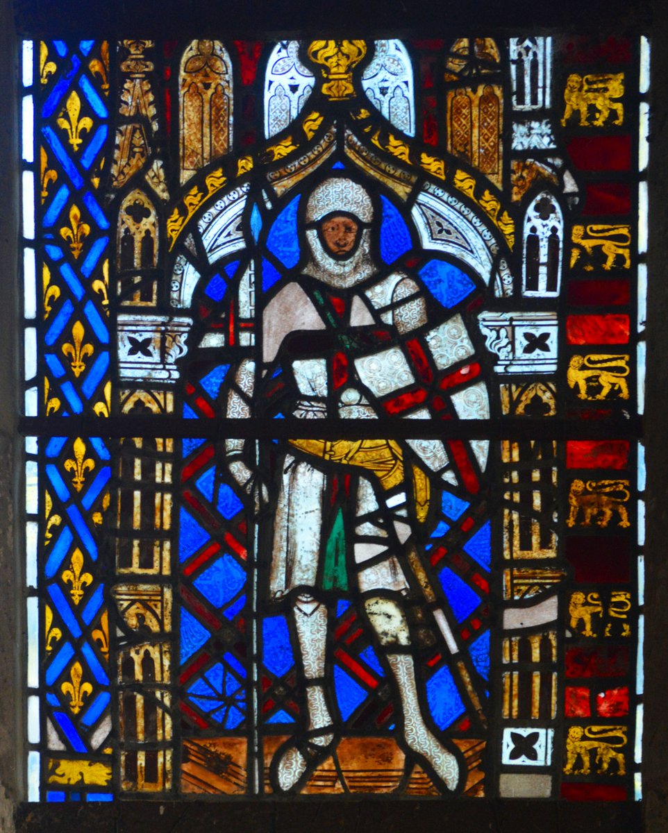 Happy #StGeorgesDay. The lad himself, seen just after he had slain the dragon in the meadow to the South of the church. A 14th century representation in the East window at St George's church, Brinsop, Herefordshire.