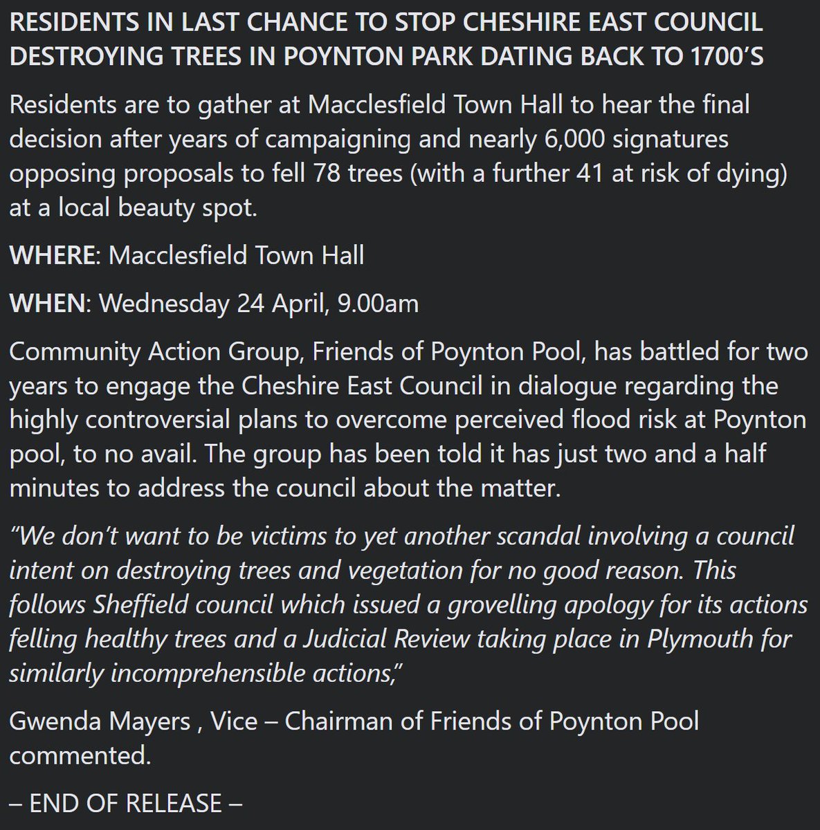 PoyntonPool's tweet photo. Our latest press release @MickeyCarroll0 @BawdenTom @HarryCockburn @emmagatten @BBCJustinR @MattMcGrathBBC @EmilyBeament @adamvaughan_uk @bwebster135 @MadeleineCuff @Cat_Early76 @horton_official @RosCoward @RosieP4 @samirashackle @ChrisGPackham @MENnewsdesk @paulpowlesland https://t.co/v3YEGqFbvr
