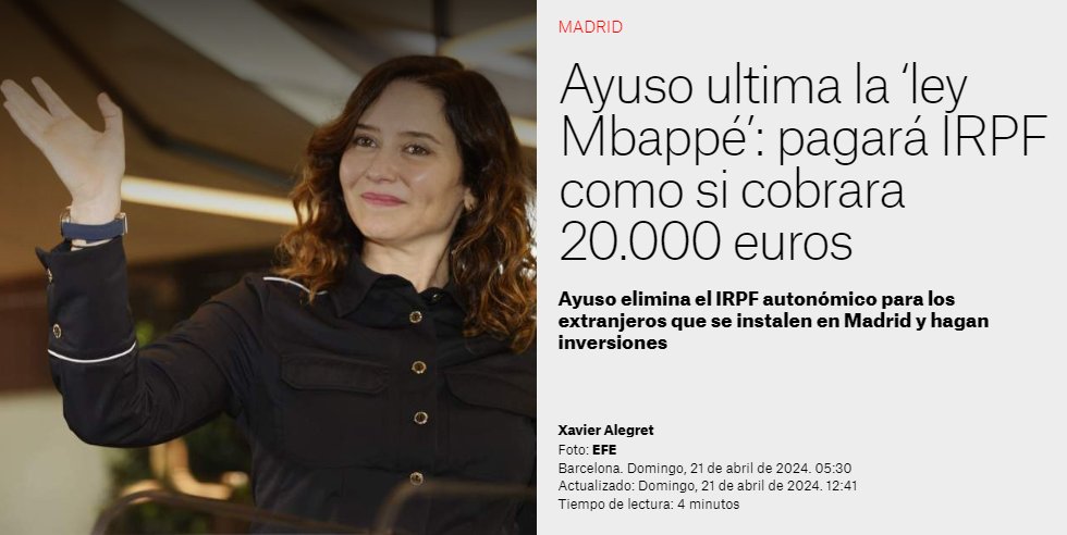 Esto es una auténtica vergüenza. Mbappé ganará más de 30 millones de euros al año y pagará como si ganara 20.000 euros. De la Ley Beckham de Aznar a la Ley Mbappé de Ayuso. Otra Ley a la carta para el club estado. Menuda mafia...