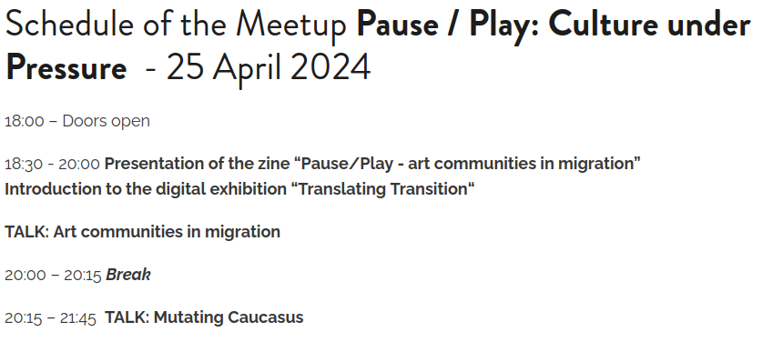 Join us tomorrow at 6:30 pm at nGbK in Berlin to learn about the project 'Pause / Play: Culture under Pressure.' We will focus on cultural and artistic tactics and strategies of self-organisation in the South Caucasus region: disruptionlab.org/event/pause-pl… @UntitledTbilisi