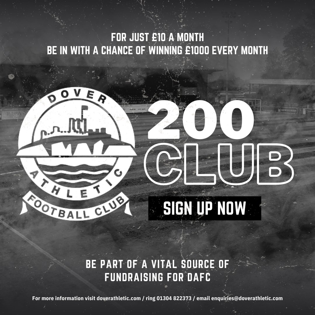 🤑 Get in on the action with the Dover Athletic 200 Club! For £10/month, you'll have the chance to win £1000 prizes every month. Plus, your support helps us thrive. Sign up today and let's aim for victory together: doverathletic.com/200club/ #DAFC⚪⚫️