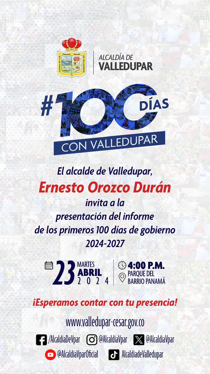 Hoy #100diasconvalledupar 
El alcalde <a href="/ErnestoOrozcoD/">Ernesto Orozco Durán</a> invita a l presentación del informe de los primeros 100 días de gobierno. Parque B.Panamá. 4:00 pm. 
<a href="/MariamMuvdi/">Mariam Muvdi</a> 
<a href="/AlcaldiaVpar/">Alcaldía de Valledupar</a>