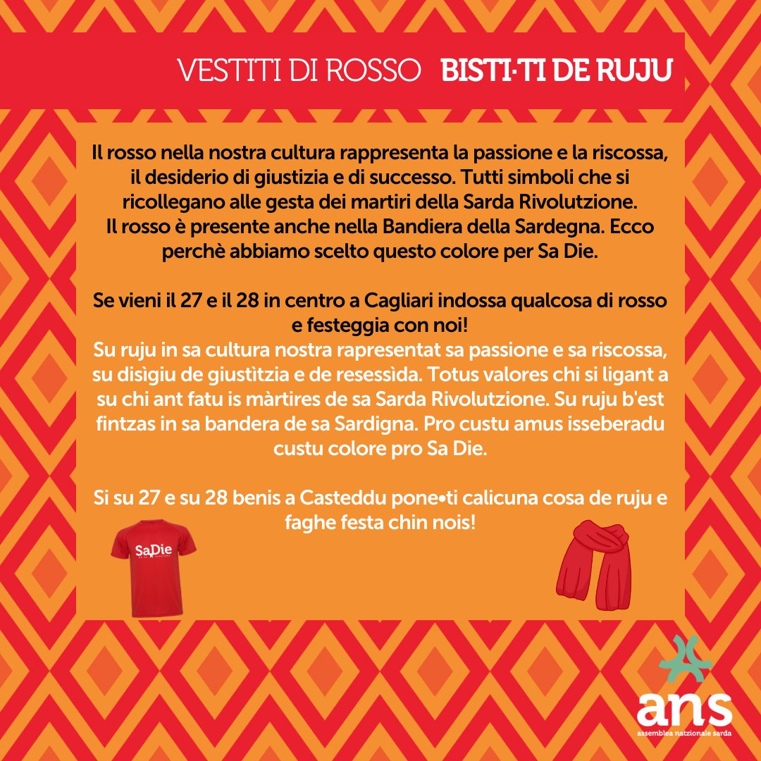 assembleasarda's tweet photo. Manca poco a #SaDieDeSaSardigna! Sei pronto?

Qui trovi qualche suggerimento per far sì che la nostra festa nazionale sia sempre più grande ma soprattutto bella e indimenticabile.

Prendi la bandiera dal tuo cassetto, vestiti di rosso e ci vediamo a #Cagliari il 27 e 28! https://t.co/kbAZhu7qrH